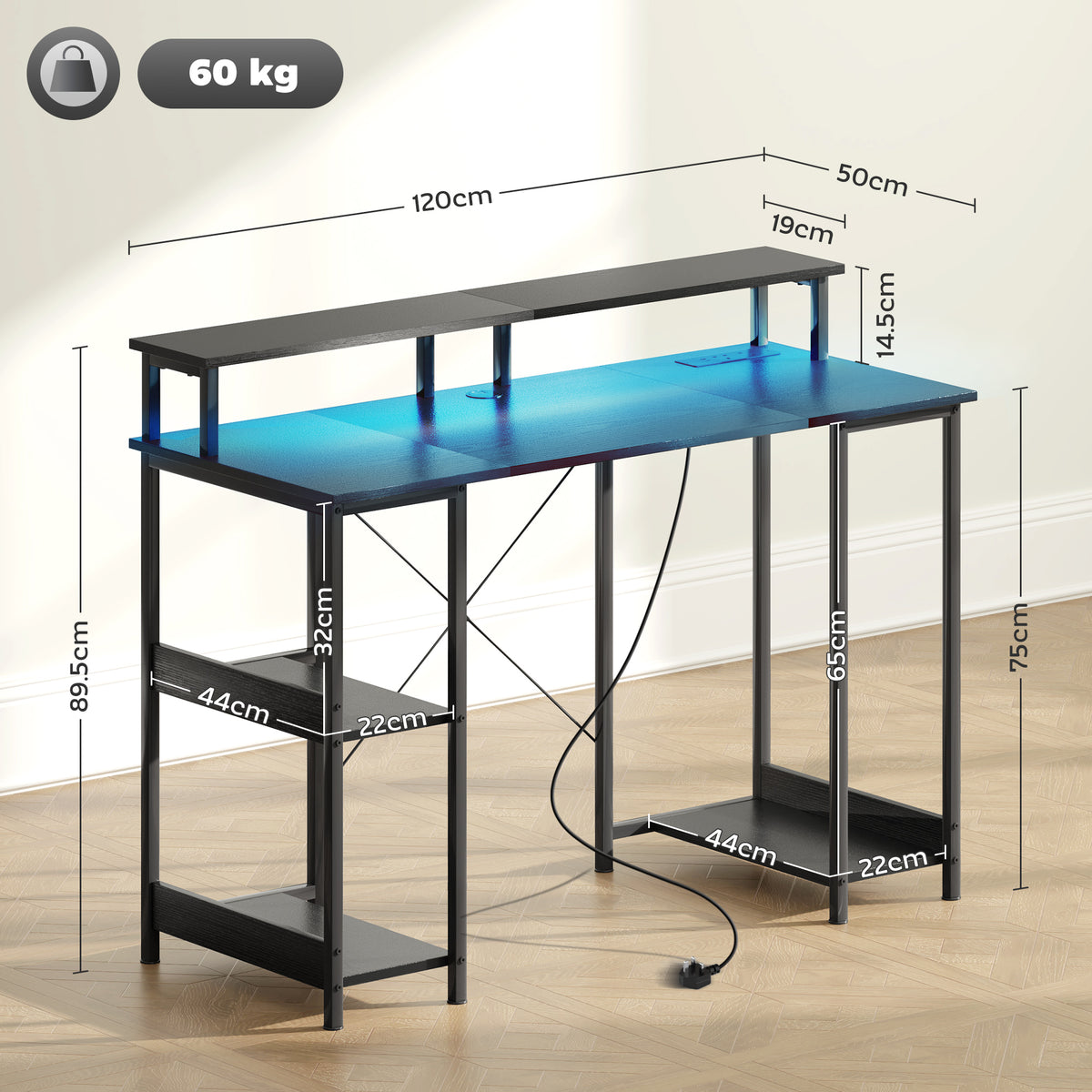 LED Computer Desk, with Power Outlets and Shelves