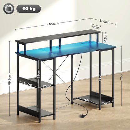 LED Computer Desk, with Power Outlets and Shelves