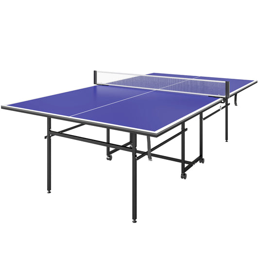 9FT Folding Table Tennis Table with Four Wheels, for Indoor Use, Blue