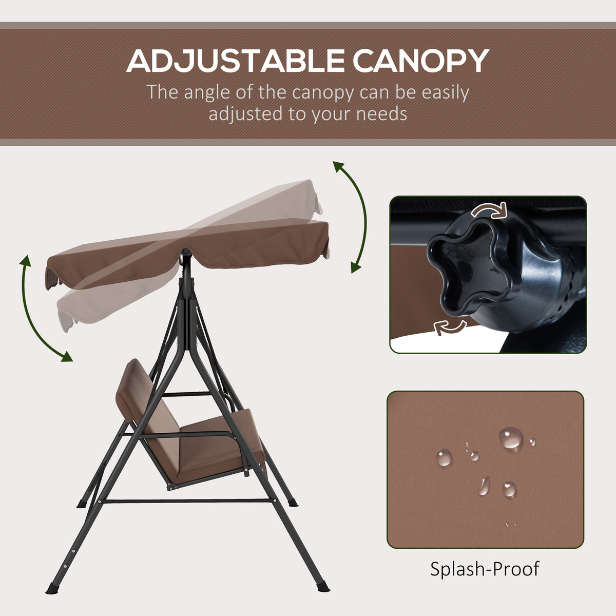 3 Seater Garden Swing Chair, Outdoor Swing Chair with Adjustable Canopy, Mental Frame & Cushions, Brown