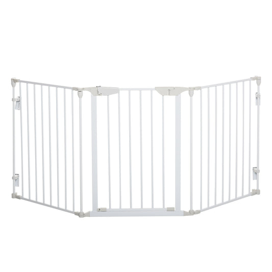 Pet Safety Gate, 3 Panels Playpen Fireplace, Foldable Metal Fence, Stair Barrier, Room Divider, Fire Guard w/ Automatic Closing Door, White