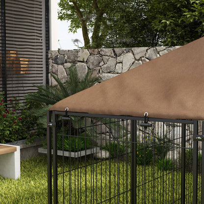 Large Dog Kennel Outdoor Dog Play Pen with Canopy Rotating Bowl for Large Dogs, Brown