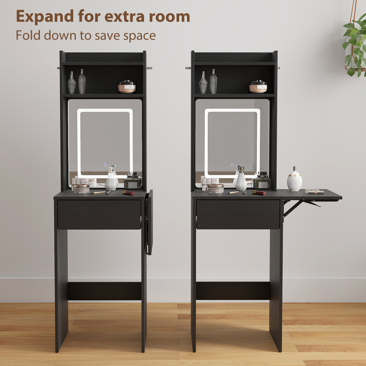 Small Vanity Desk with Mirror and LED Lights, Compact Dressing Table with Drop Leaf, Open Shelves and Drawer