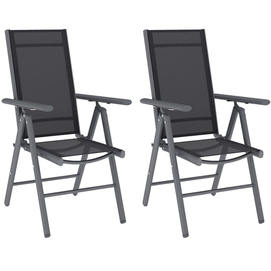 Set of 2 Folding Garden Chairs, Aluminium Frame Outdoor Dining Chairs with Breathable Mesh Back and Seat, Garden Folding Chair Set with Armrests for Balcony, Dark Grey