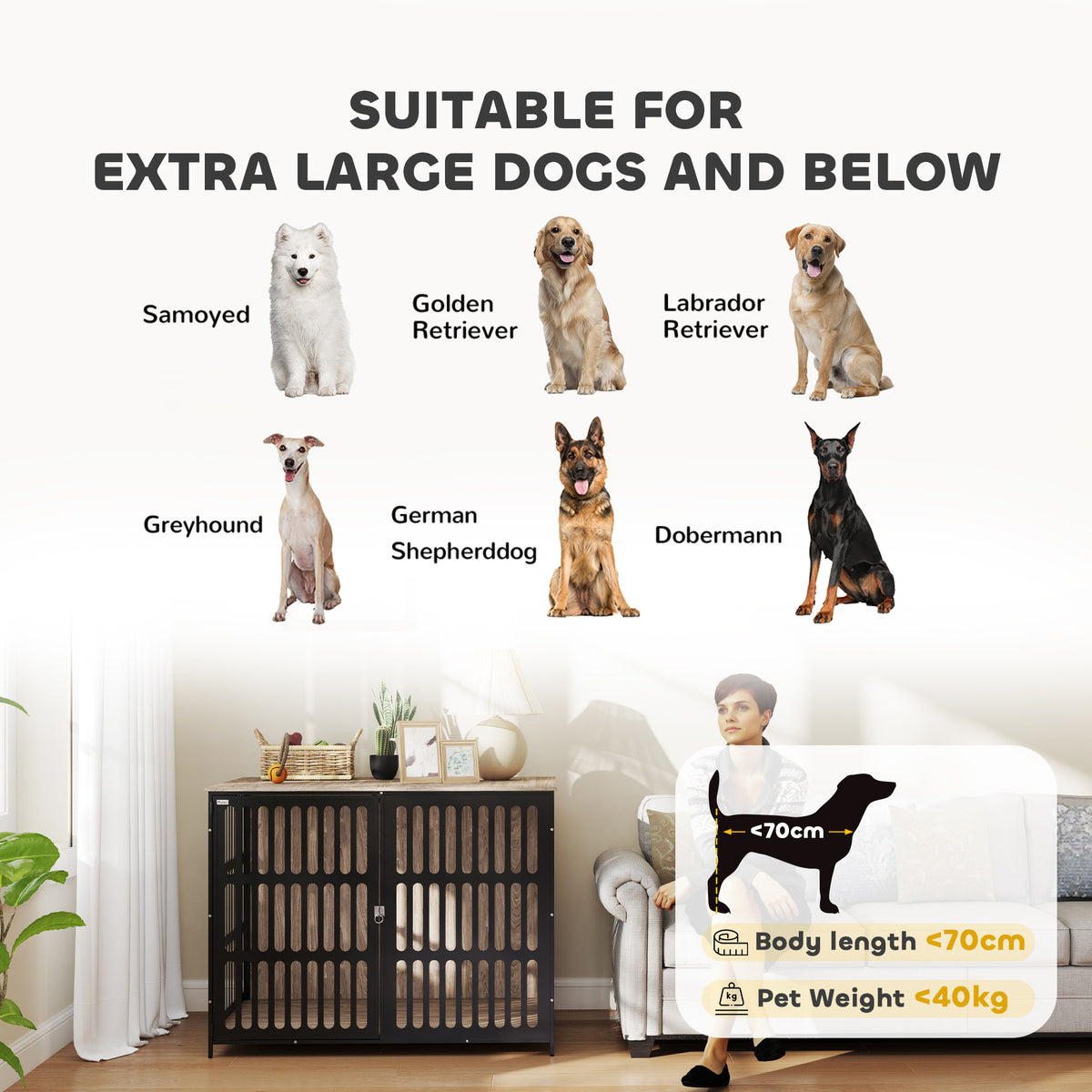 Dog Crate Furniture with Anti-Chew Resistant Mesh, Anti-Escape Single Door, for Extra Large Dogs, 118 x 80 x 92 cm