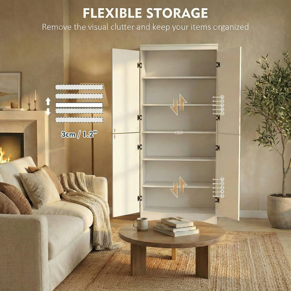 4-Door Tall Kitchen Cupboard, Freestanding 6-Tier Storage Cabinet with 2 Adjustable Shelves for Living Room, Dining Room, White