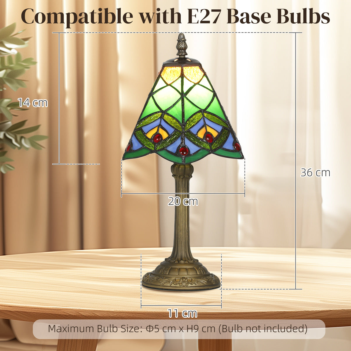 Tiffany-Style Table Lamp with Geometric Patterns, Handcrafted Antique Stained Glass Bedside Lamp for Living Room and Bedroom, E27 Socket, Green