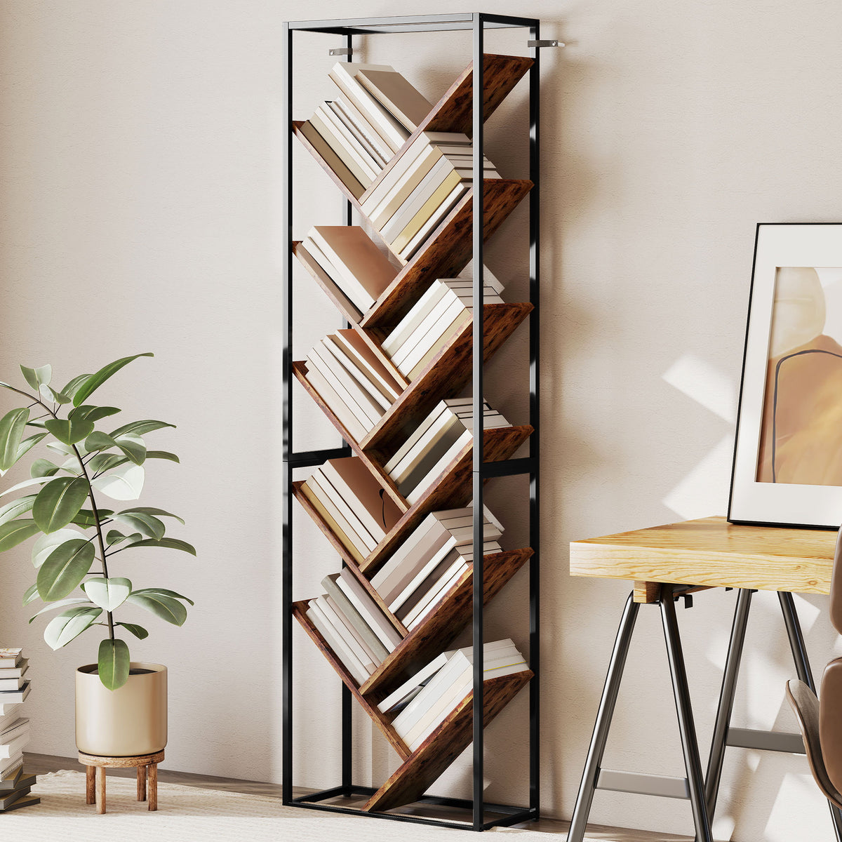 10 Shelf Industrial-Style Bookshelf - Black/Brown
