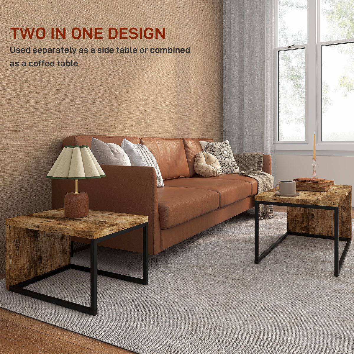 Nesting Coffee Table Set of 2, Industrial Stacking Side End Tables with Metal Frame for Living Room, Bedroom, Rustic Brown