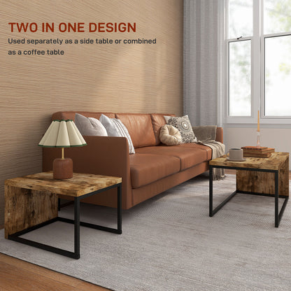 Nesting Coffee Table Set of 2, Industrial Stacking Side End Tables with Metal Frame for Living Room, Bedroom, Rustic Brown