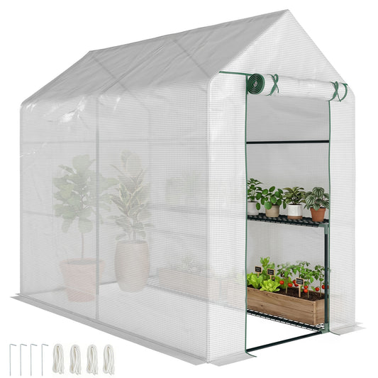 Walk In Greenhouse with 2-Tier Shelves, Roll up Zip Panel Door, Garden Polytunnel Steeple Grow House for Outdoor, 6 x 4 x 6ft White