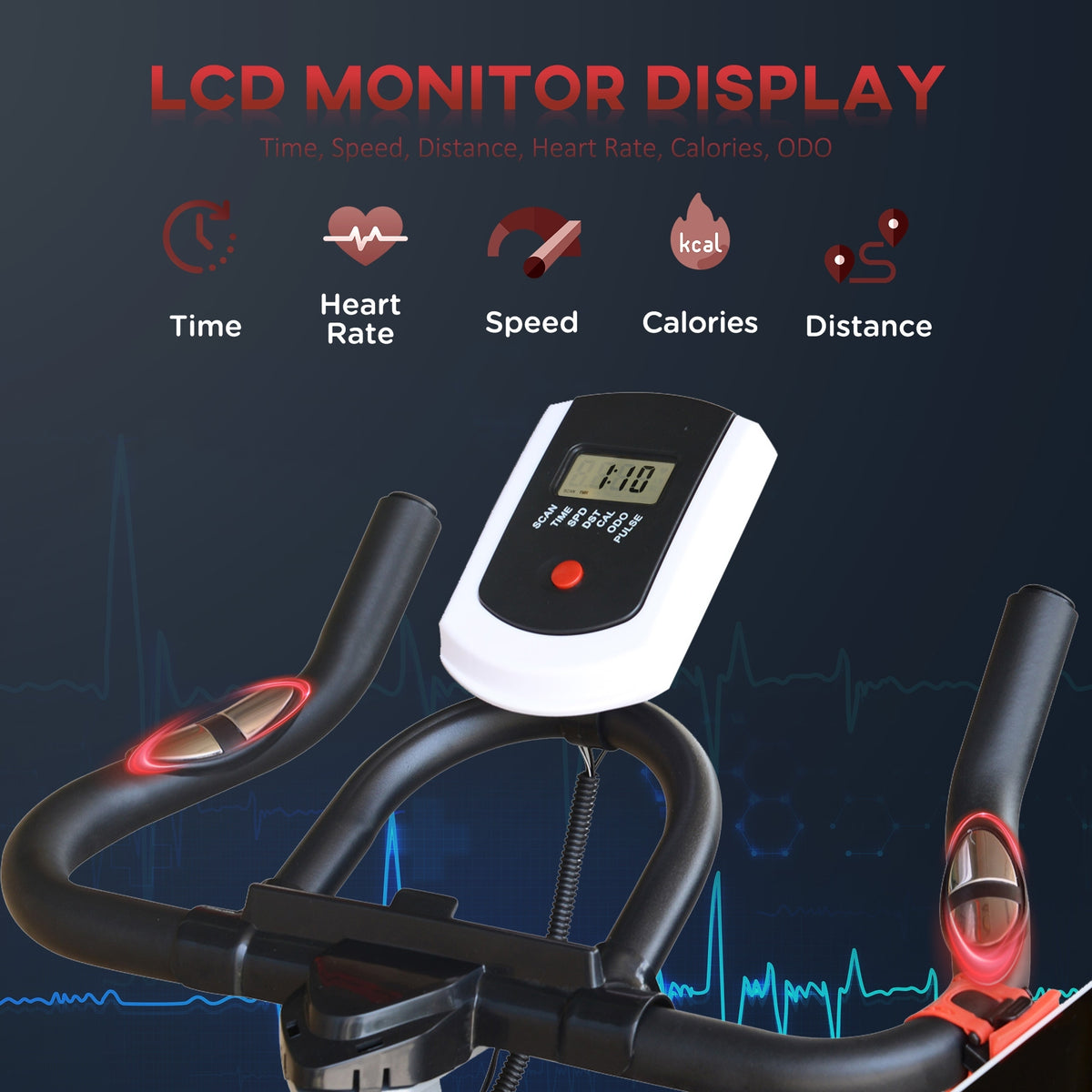 Exercise Bike, Indoor Cycling, with LCD Display, Heart Rate, Sensor - Black