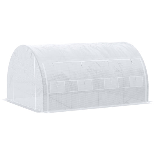 4 x 3 x 2 m Polytunnel Greenhouse with Roll-up Side Walls, Walk-in Grow House Tent with Steel Frame, Reinforced Cover, Zipped Door and 12 Mesh Windows for Garden, White