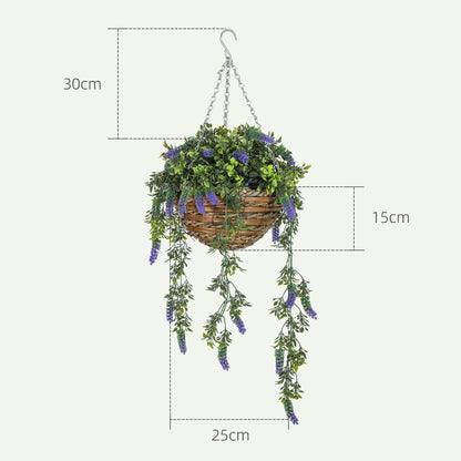 Set of 2 Decorative Artificial Plants, Faux Silk Lavender Flowers in Hanging Baskets, Fake Plants for Home Indoor Outdoor Decor, Purple