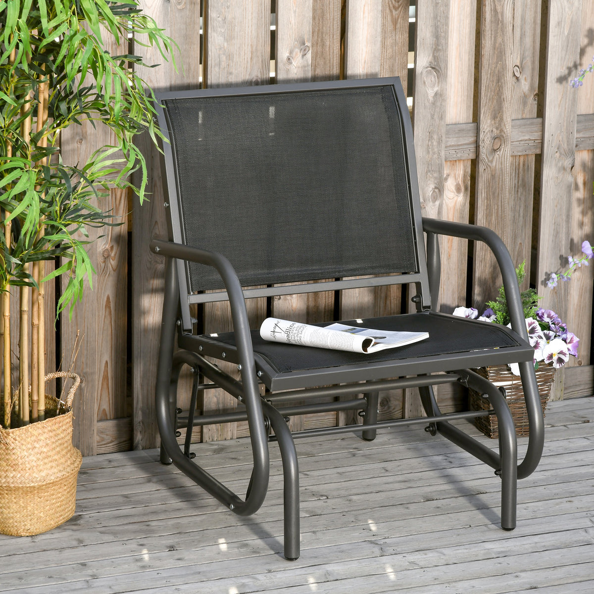 Outdoor Garden Glider Chair, Metal Frame Single Armchair Swing Seater w/ Breath Mesh Fabric Seat, Curved Backrest, Armrests, for Living Room, Patio, Porch, Dark Grey