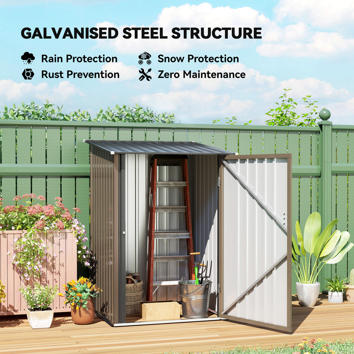 3.3 x 3.4ft Lean To Steel Garden Shed, with Locking Door - Brown