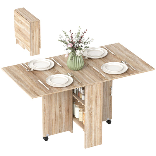 80-140 cm Folding Dining Table for 4-6 People, Drop Leaf Table with 2-Tier Shelves, Rolling Casters, for Small Spaces, Kitchen, Flat, Dining Room, Natural