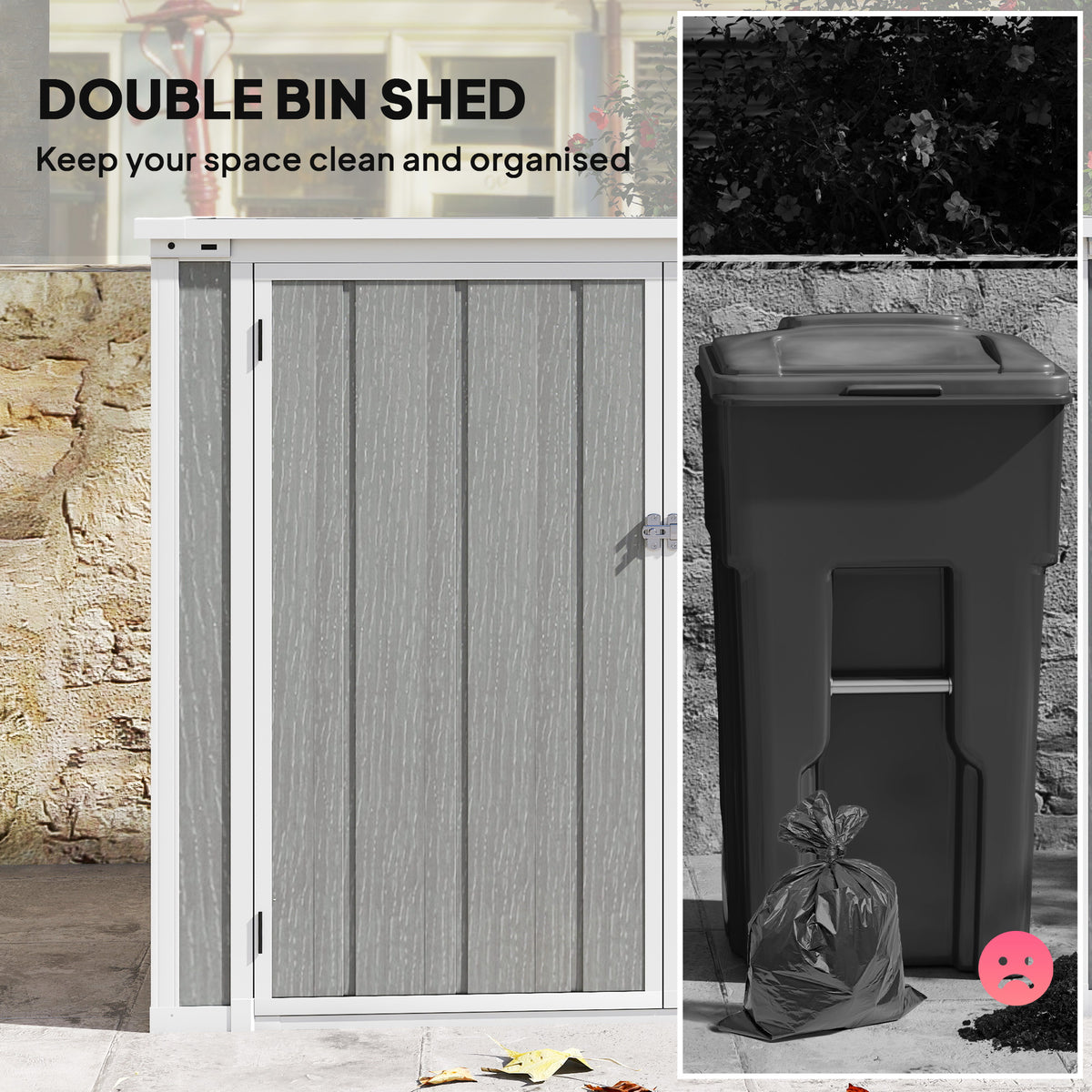 4.7 x 2.5FT Garden Shed, Double Bin Storage Shed with Lockable Doors, Outdoor Small Shed with Openable Lid for 2 Rubbish Bins, Garden Tools, Grey