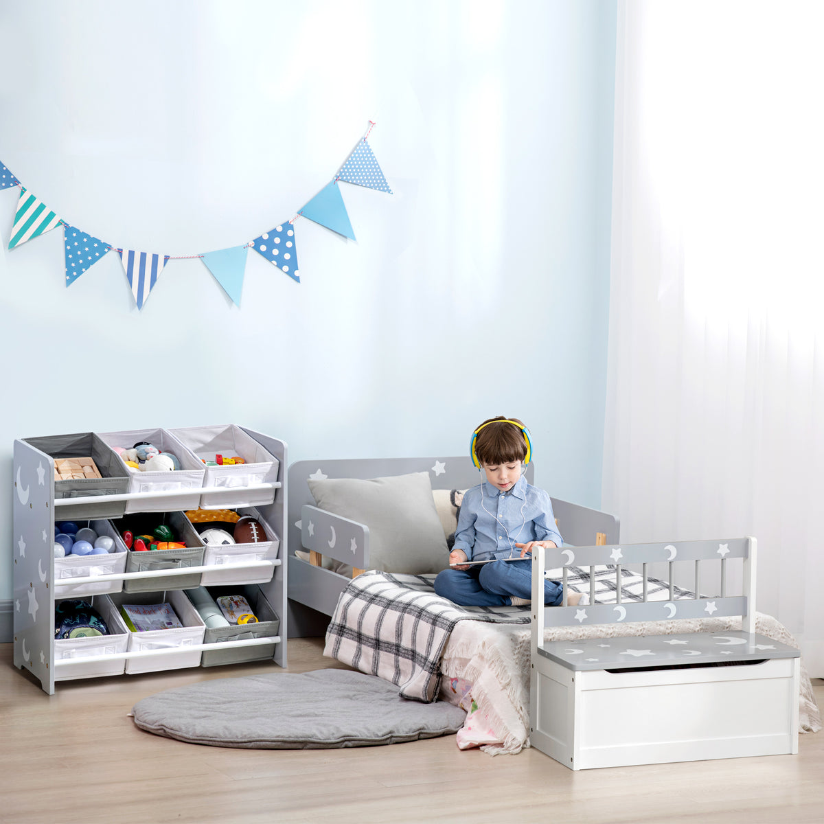 2 In 1 Kids Storage Bench, Toy Box w/ Safety Rod - Grey