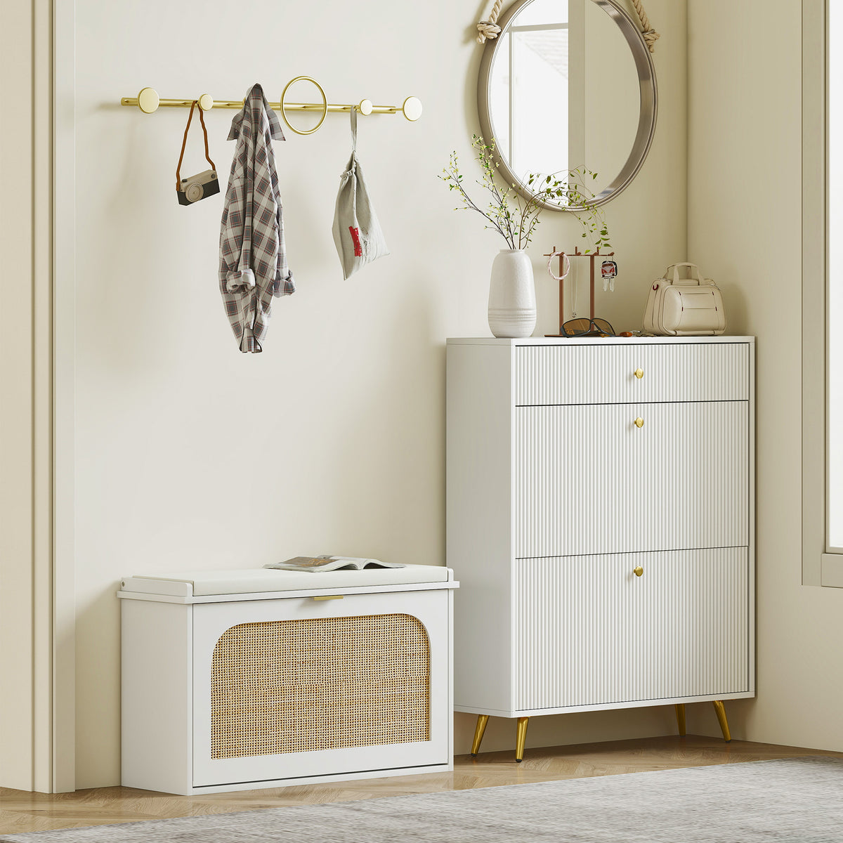 Boho Shoe Bench with Padded Seat and Flip-Drawer - White