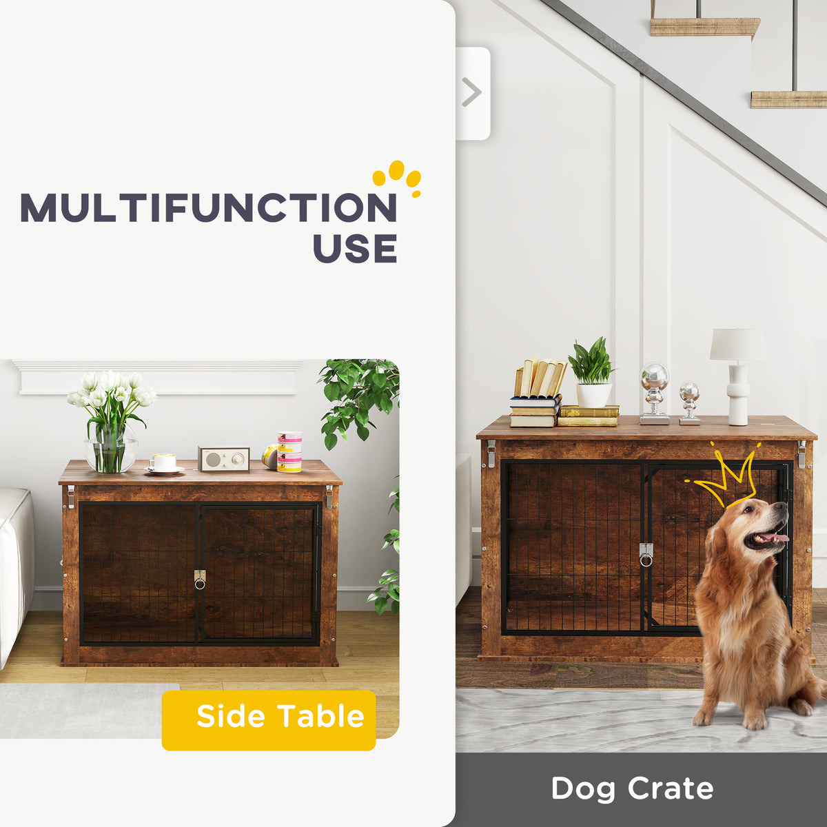 Dog Crate Furniture with Openable Top, Two Doors, for Large Dogs, Rustic Brown