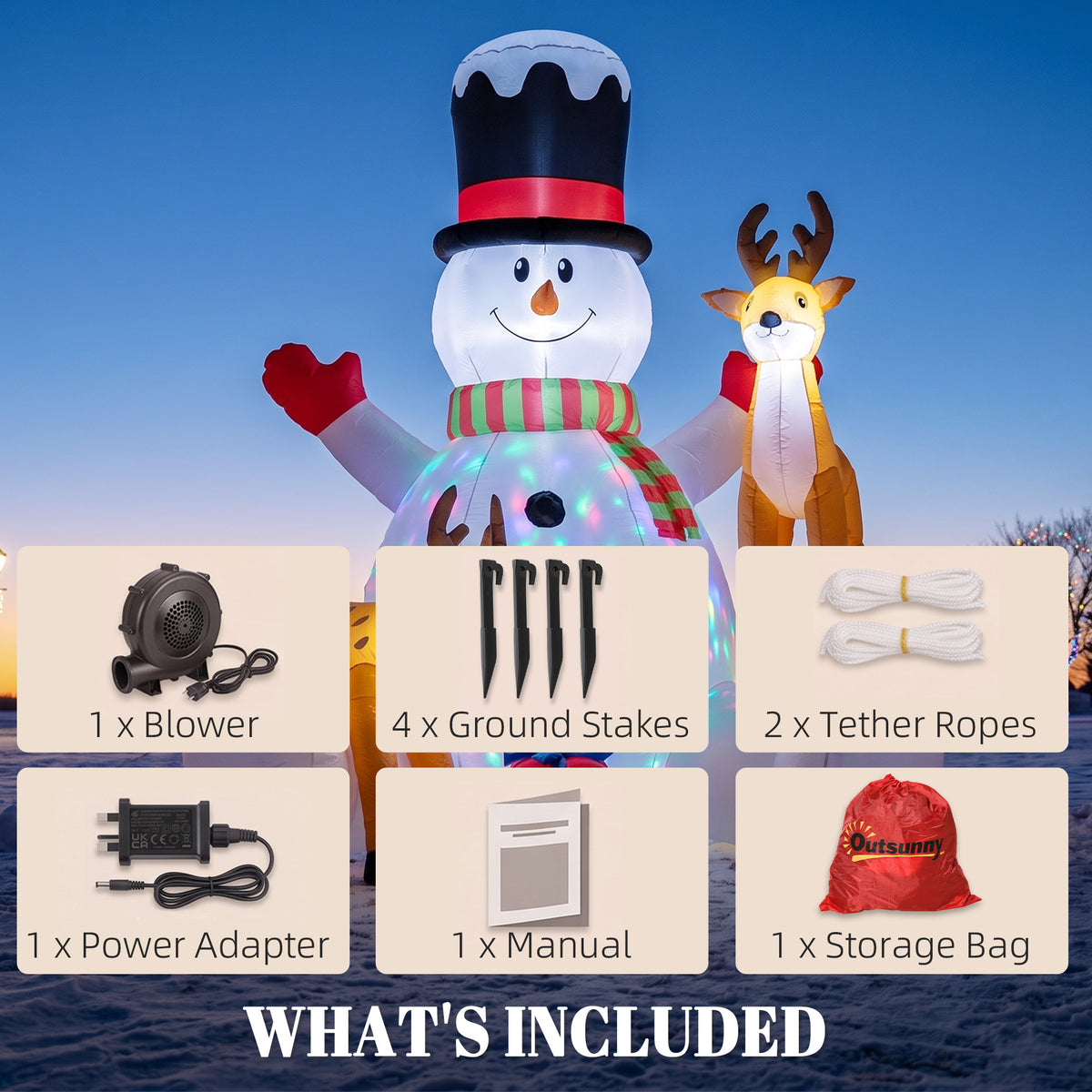 7ft Giant Christmas Inflatable Snowman with 2 Reindeer, Outdoor Blow Up Christmas Decoration with LEDs, Bag