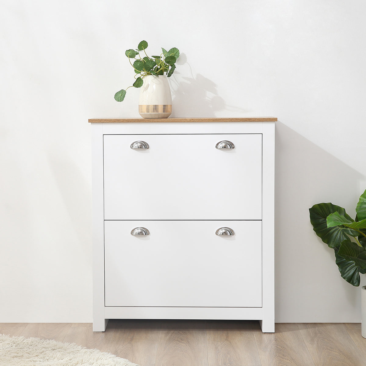 2 Drawer Shoe Cabinet Modern Narrow Shoe Cupboard Hallway Wooden Storage Organiser with Flip Doors Adjustable Shelf for 6-12 Pairs
