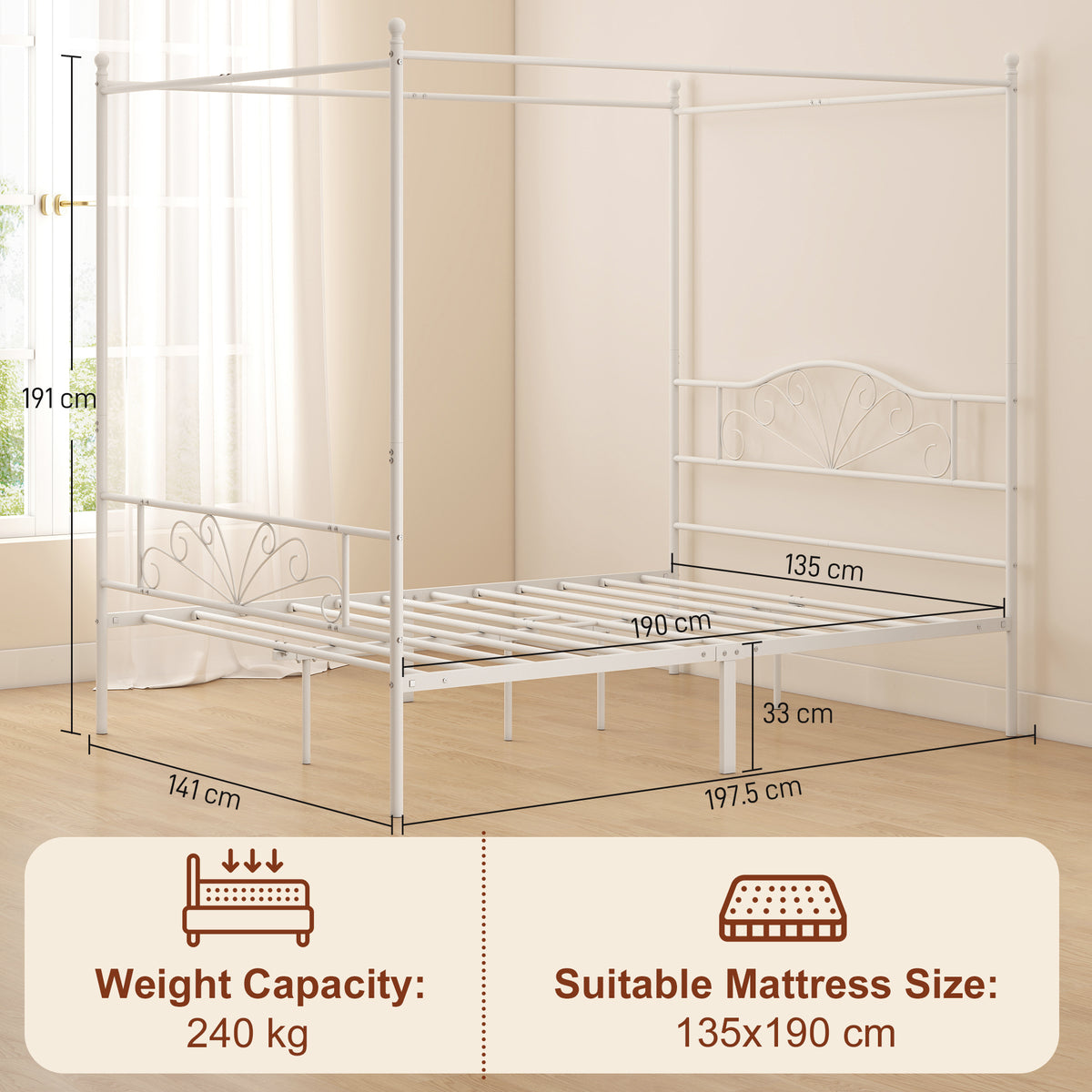 Canopy Bed Frame Double Size, Metal Platform Bed Frame with Headboard and Footboard, Underbed Storage, White