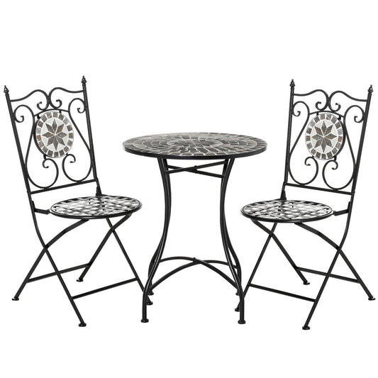 3 Pcs Mosaic Tile Garden Bistro Set Outdoor Seating w/ Table 2 Folding Chairs Set Metal Frame Scrolling Indoor Patio Balcony, Grey