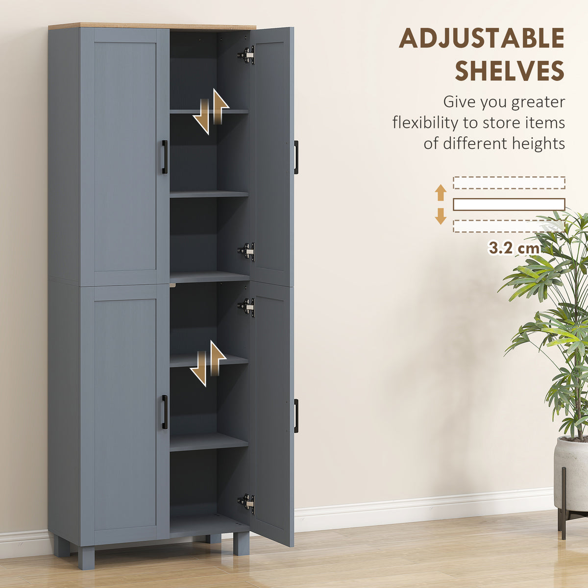 Freestanding Kitchen Cupboard, 4-Door Storage Cabinet with Adjustable Shelves, Modern Kitchen Pantry, 170cm, Grey
