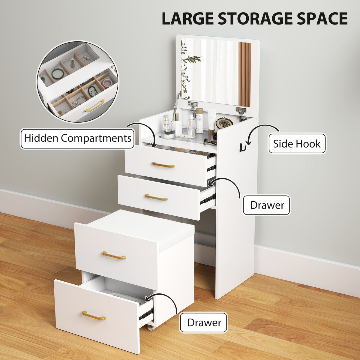Compact Dressing Table and Stool Set, with Storage - White
