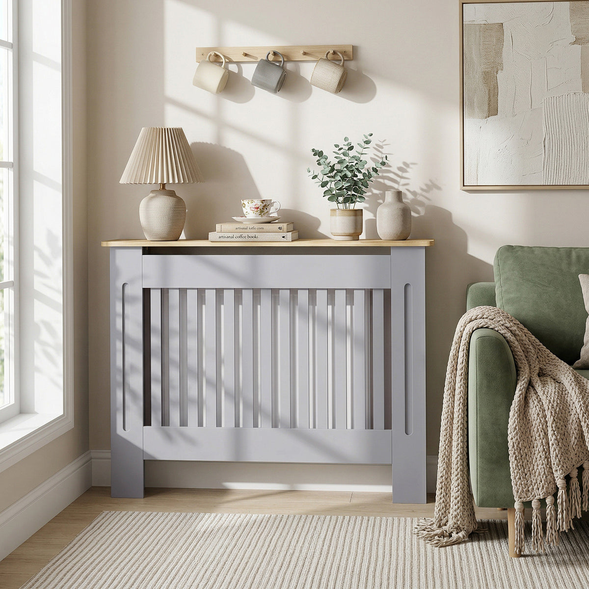 Slatted Radiator Cover, Painted Cabinet with Line Grill Design, 112W × 19D × 81H cm, Grey