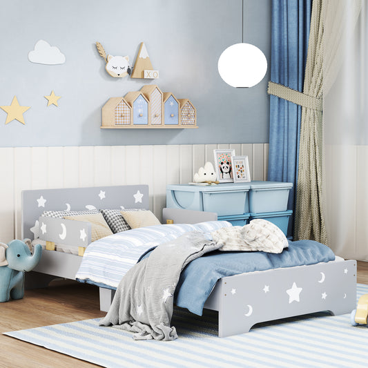 Kids Toddler Bed, with Star and Moon Patterns, Side Rails, for Ages 3-6 Years - Grey