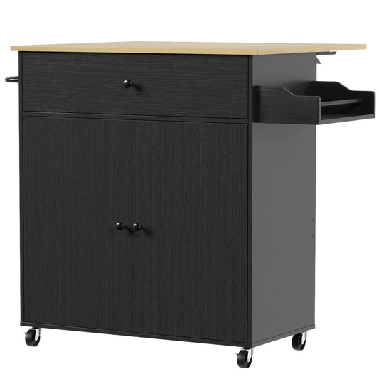 Kitchen Island with Drop Leaf, Rolling Kitchen Storage Trolley on Wheels with Drawer, Spice Rack and Towel Rack