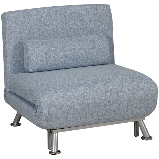 Single Sofa Chair Bed, Linen Fabric 3-in-1 Convertible Sleeper Chair with 5-Position Adjustable Backrest, 75cm Wide Seat, Pillow for Living Room, Bedroom, Sky Blue