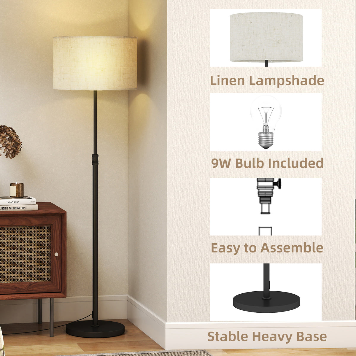 Floor Lamp with Remote, Height Adjustable Standing Lamp with Linen Shade, Dimmable with 3000K-6000K Adjustable Colour Temperatures, Foot Switch for Living Room Bedroom Office