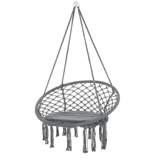 Outdoor Cotton-Polyester Blend Macrame Hanging Rope Chair with Cushion, Portable Garden Chair with Fringe Tassels for Patio, Deck, Tree, Grey