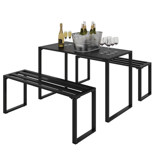 3 Pieces Picnic Bench Set with Table and 2 Benches, Slated Design Dining Trestle Beer Table and Seat, Black