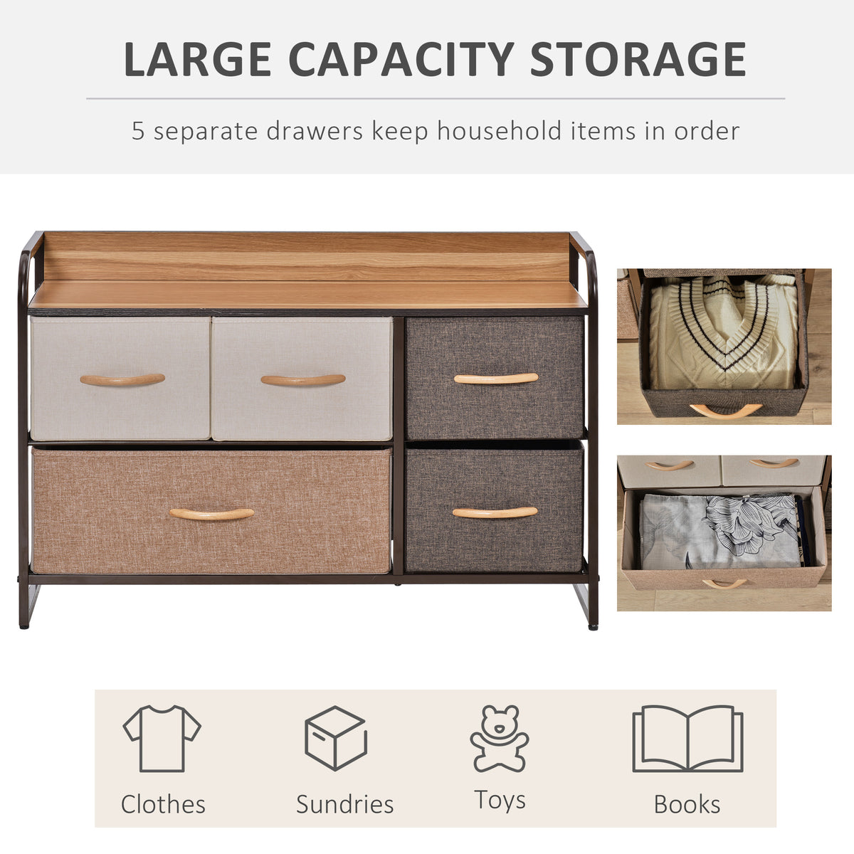 5-Drawer Dresser, 2-Tier Storage Organizer, Tower Unit for Bedroom Hallway Closets with Steel Frame Wooden Top