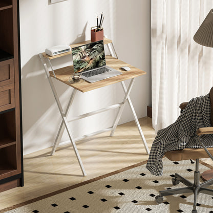 70 cm Folding Computer Desk with Monitor Shelf - Natural Wood Finish