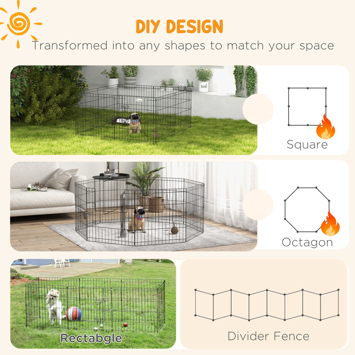 Dog Playpen, Puppy Pen, Eight-Panel Metal Fence, for Small Dogs, Indoors, Outdoors - Black
