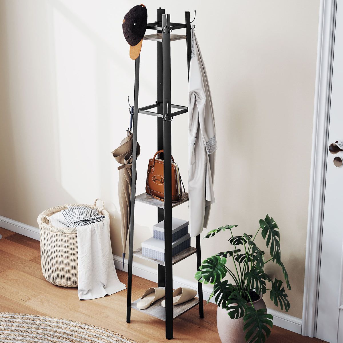 Industrial-Style Four Shelf Coat Stand