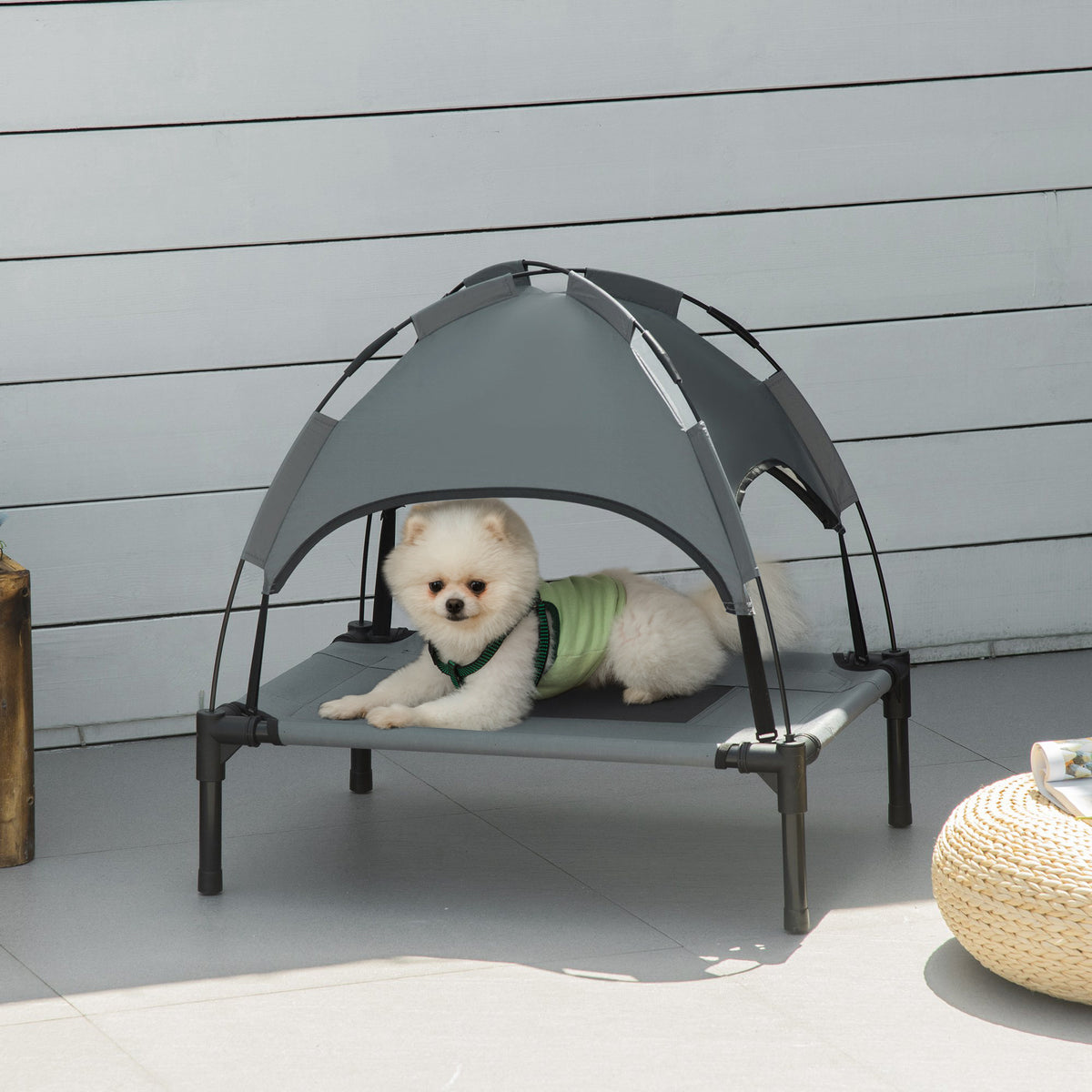 Outdoor Dog Bed with Removable Canopy, Portable Raised Dog Bed for Camping, Garden & Beach, Water-Resistant UV-Protection Mesh Pet Cot Sun Lounger, for Small Pets, 61 x 46 x 62 cm
