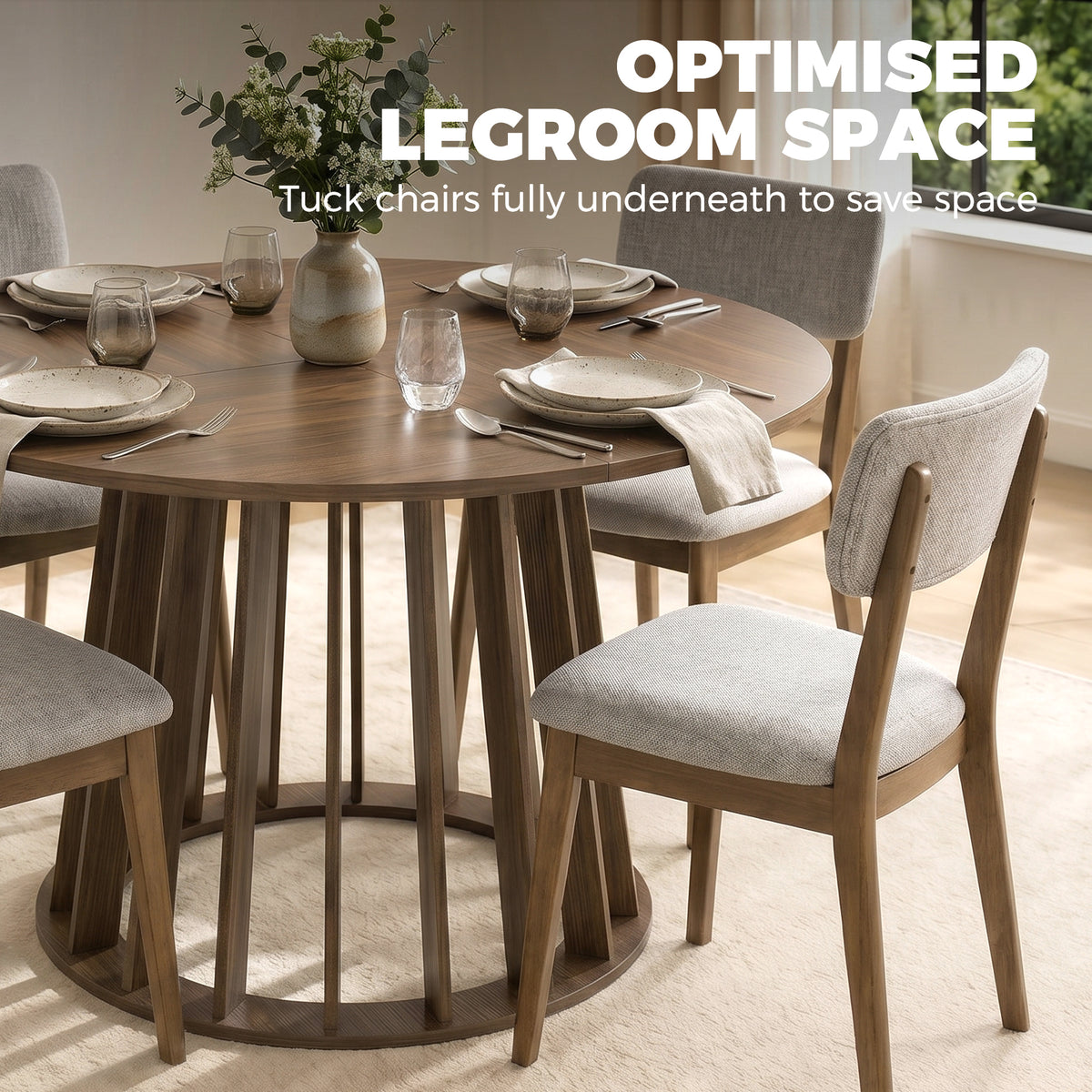 Dining Table for 4-6 People Modern Kitchen Table with Slatted Base 120 cm Round Light Walnut