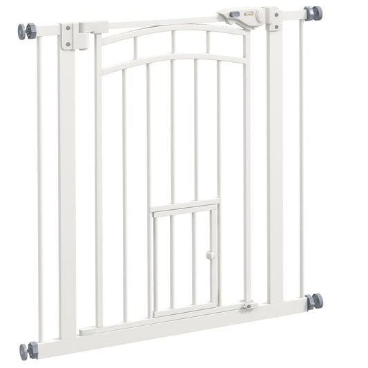 Pressure Fit Stair Gate, Dog Gate w/ Small Cat Door, Auto Closing System, Double Locking Openings, 74-80cm - White