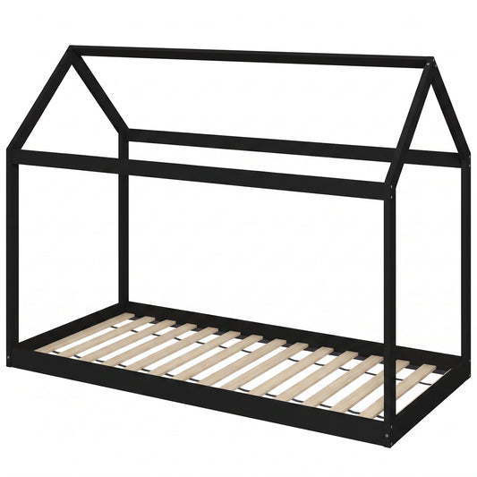 Single Bed Frame, House-Scandinavian-Style Wooden Bed Frame for 90W x 190D cm Mattress