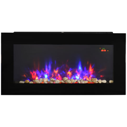 LED Wall Mounted Fireplace Curved Glass Electric Fire Place for Living Room, 1000W/2000W, 48H x 90.8W x 11.5Dcm, Black