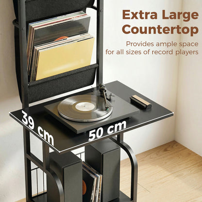 Vinyl Record Player Stand Record Storage with Player Stand Oxford Fabric Pockets Bottom Shelf