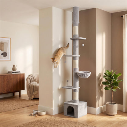 Floor to Ceiling Cat Tree, 230-250cm Multi-Level Cat Tower with Adjustable Height, Scratching Posts, Condo, Platforms