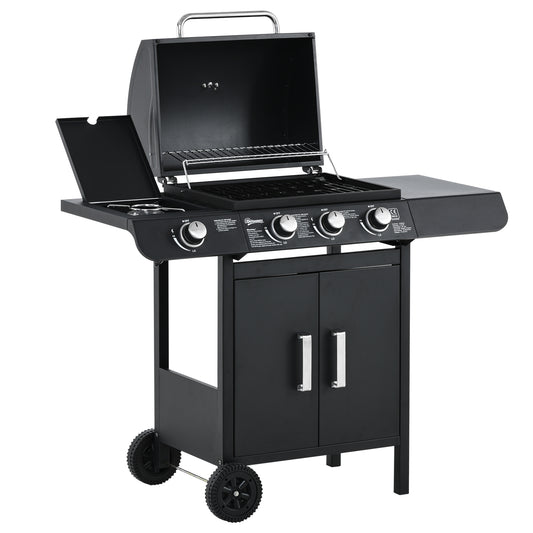 3+1 Burner Gas BBQ Grill, Outdoor Barbecue Trolley with Wheels, Warming Rack, Side Shelves, Cabinet, Thermometer for Garden, Party, Camping, 110W x 50D x 100Hcm, Black